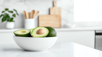 Fresh avocados in a white bowl on a modern kitchen counter with a blurred background.