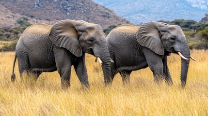 Obraz premium Three Elephants Walking Through Grassy Plains in a Natural Habitat Surrounded by Mountains and Trees, Showcasing Wildlife and Nature's Beauty