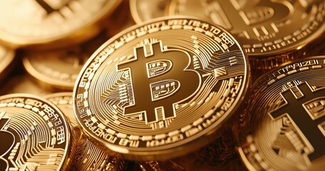 Golden Bitcoin Cryptocurrency Coins Closeup