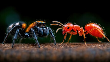 Fototapeta premium Close-Up of Colorful Spider and Ant on a Wooden Surface at Night