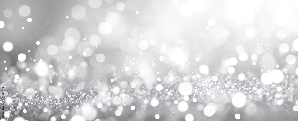 Poster elegant and dreamy bokeh background with soft silver and white circular lights creating a magical an