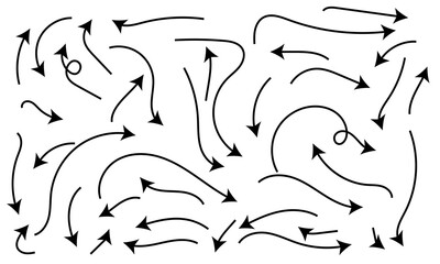 Hand drawn thin line arrows set. Many vector curvy and wavy arrows isolated on white background. Arrow mark icons and arrow paint. Stock vector, eps10