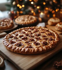 Delicious walnut pie on wooden board.