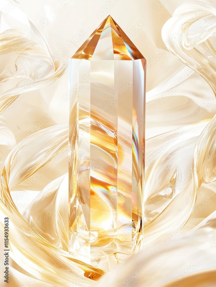 Aufkleber triangular prism refracting light into golden spectrum home studio soft lighting close-up artistic c