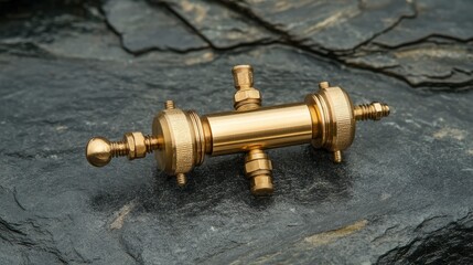 Close-up of a polished brass cylinder with fittings,  resting on dark stone.