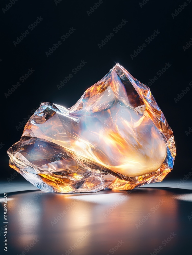 Poster translucent opal sculpture reflecting fiery colors studio setting high-quality image artistic perspe