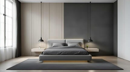 Modern minimalist bedroom interior design with gray and beige color scheme, featuring a low platform bed, pendant lights, and a dark gray rug.