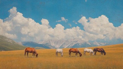 Obraz premium Four horses are grazing in a field
