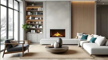 Modern minimalist living room with fireplace, large windows, and beige rug, showcasing a cozy and elegant interior design.