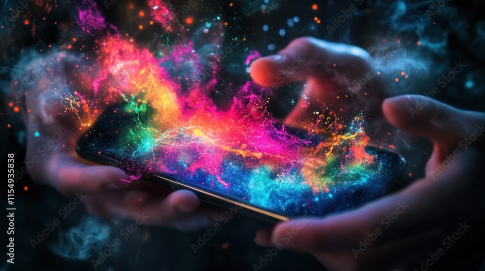 Poster vibrant and colorful explosion on smartphone, creating impression and creativity setting