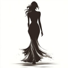Fototapeta premium Elegant silhouette of a woman in a flowing gown walking away.