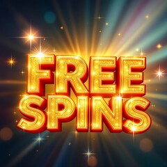 the words "FREE SPINS" in large, illuminated, golden letters with a sparkling, starburst background, often used in promotional materials for online casinos or slot games