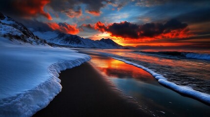 Fototapeta premium Spectacular Fiery Sunset Over a Snowy Beach in Lofoten