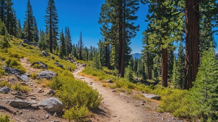 Fototapeta premium A path through a forest with trees and rocks