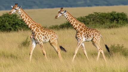 Obraz premium Two Majestic Giraffes Walking Gracefully Through the Golden Grasslands of the African Savannah Under a Clear Blue Sky