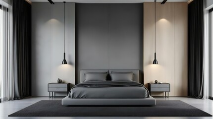 Modern Minimalist Bedroom Interior Design with Gray and Wood Accents, featuring a King-Sized Bed, Nightstands, and Pendant Lights