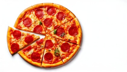 Pizza slices on white background and delicious toppings, vibrant colors, crispy crust