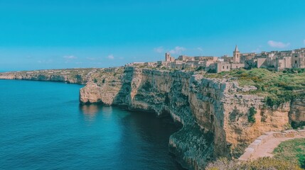 A beautiful blue ocean with a rocky shoreline