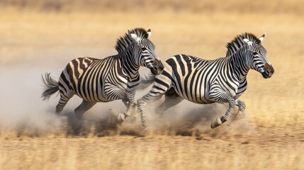 Two Wild Zebras Galloping Through the Golden Grasslands of Africa, Creating Dust Clouds in Their Wake, Symbolizing Freedom and Natural Beauty in the Savanna Landscape
