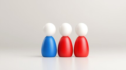 Three wooden figures, visual representation of unity, diversity and patriotism in red, white and blue