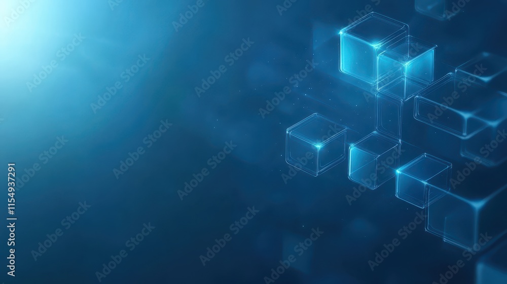 Poster abstract composition of numerous cubes on vibrant blue backdrop, creating visually striking and dime