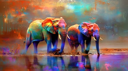 Vibrant and Colorful Elephants Crossing a Water Body in a Surreal Artistic Landscape with Abstract Patterns and Dramatic Lighting Effects