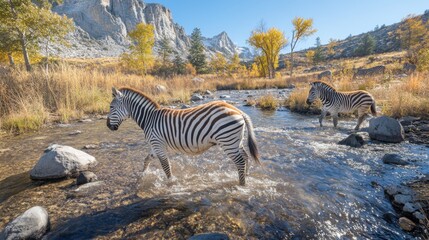 Naklejka premium Two Zebras Wading Through a Clear Stream in a Stunning Mountain Landscape Surrounded by Autumn Foliage and Rocky Terrain Under Bright Blue Sky