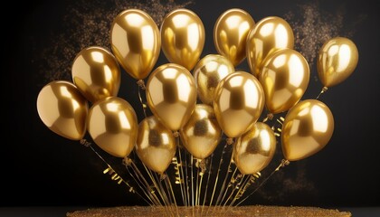 A festive arrangement of golden balloons floating against a dark background, creating a celebratory atmosphere.