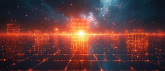 Futuristic digital landscape with glowing structures.