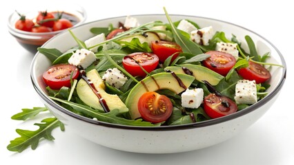 Vibrant arugula salad bowl with fresh vegetables and feta cheese served on a white background