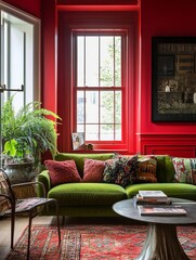 Vibrant Red Room Green Sofa Interior Design