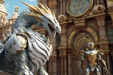 Fototapeta premium Majestic fantasy dragon and armored robot stand before an ornate clock tower in a sunlit city.