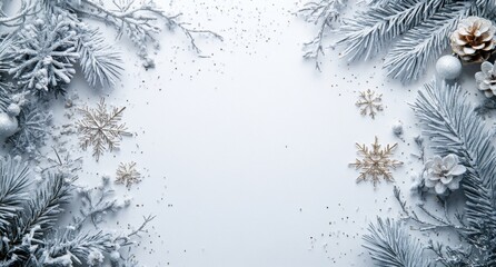 Elegant Winter Background with Snowflakes, Pine Branches, and Decorative Elements for Holiday Seasonal or Christmas-Themed Designs and Projects