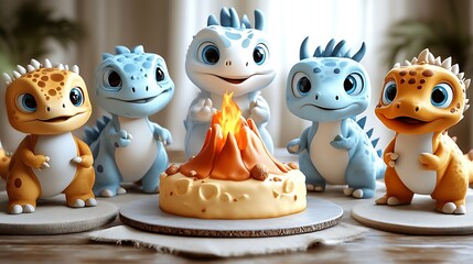 Four cute cartoon dragons around a campfire cake.