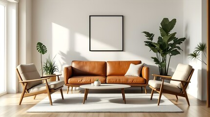 Sunlit Living Room with Mid-Century Modern Furniture, Plants, and Blank Frame