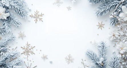 Elegant Winter Holiday Background Featuring Snowflakes, Pine Branches, White Flowers, and Subtle Decorations for Festive Seasonal Design Projects