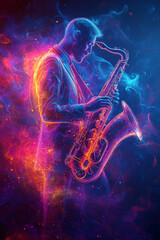 Obraz premium A striking portrayal of a jazz saxophonist in vibrant colors, blending music, art, and emotion into a mesmerizing composition