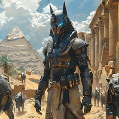 Futuristic Anubis in ancient Egypt setting.