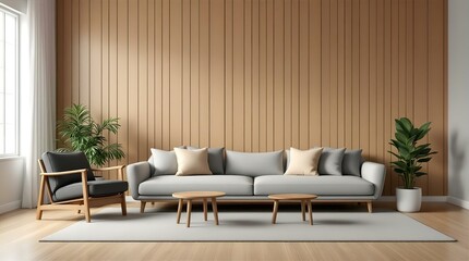 Modern Minimalist Living Room Interior Design with Light Grey Sofa, Wooden Wall, and Light Beige Rug