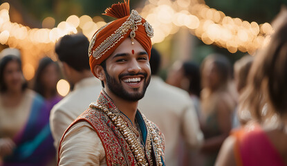 A handsome young india american man in an Indian-inspired traditional costume stands at the center of the frame, smiling while dancing with other people around him in a festival