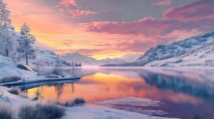 Fototapeta premium Stunning Winter Sunrise Over a Serene Mountain Lake
