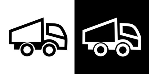 A simple, bold line art icon of a dump truck, presented in both black and white variations.