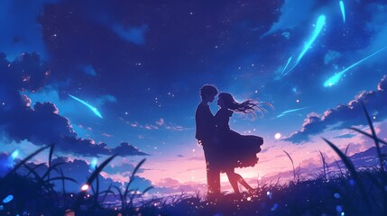 Romantic scene of a couple embracing under the stars in an anime style