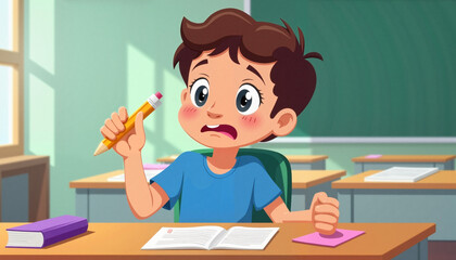 Nervous boy holding a pencil in classroom.