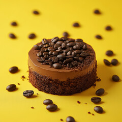 Delicious coffee flavored petit gâteau topped with coffee beans on vibrant yellow background, perfect for dessert lovers