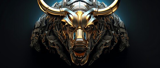 Metallic bull head, intricate design, gold accents, dark background.