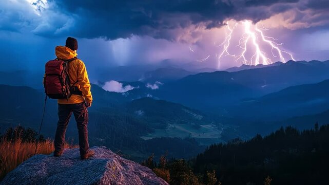 Man studying lightning storms in mountain regions for weather research