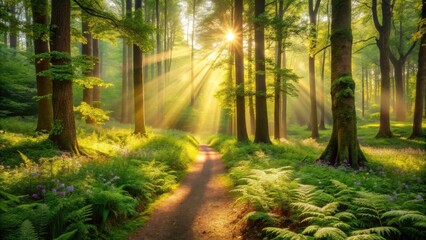 Obraz premium Sunlit Path Through a Mystical Forest with Ferns and Blossoms