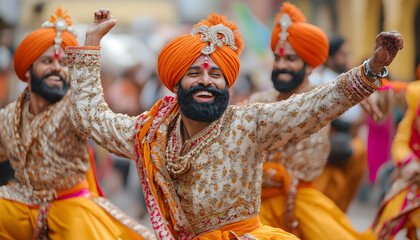 A group of men in vibrant traditional attire, including orange turbans and beards, performing an intricate bhangra dance with energetic movements and joyful expressions. 