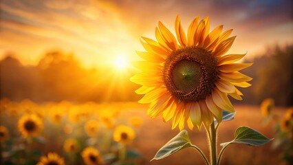 Obraz premium A single sunflower basks in the golden light of a breathtaking sunset, surrounded by a field of its vibrant brethren.